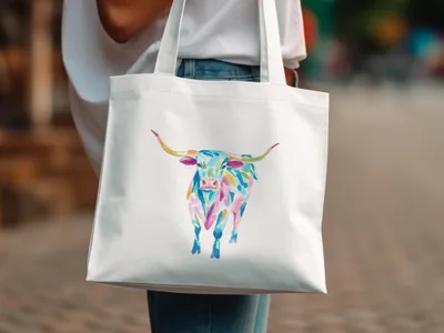 White tote bag with a colorful watercolor bull illustration.