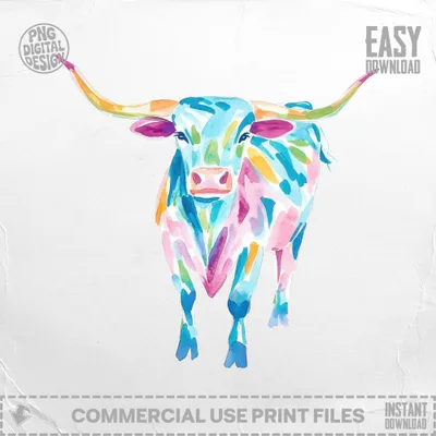 Colorful watercolor longhorn bull illustration with "Easy Download" text.