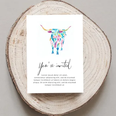 Colorful watercolor longhorn on invitation with "You're invited" text.