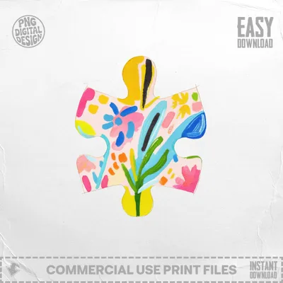 Colorful abstract puzzle piece with floral and brushstroke design.
