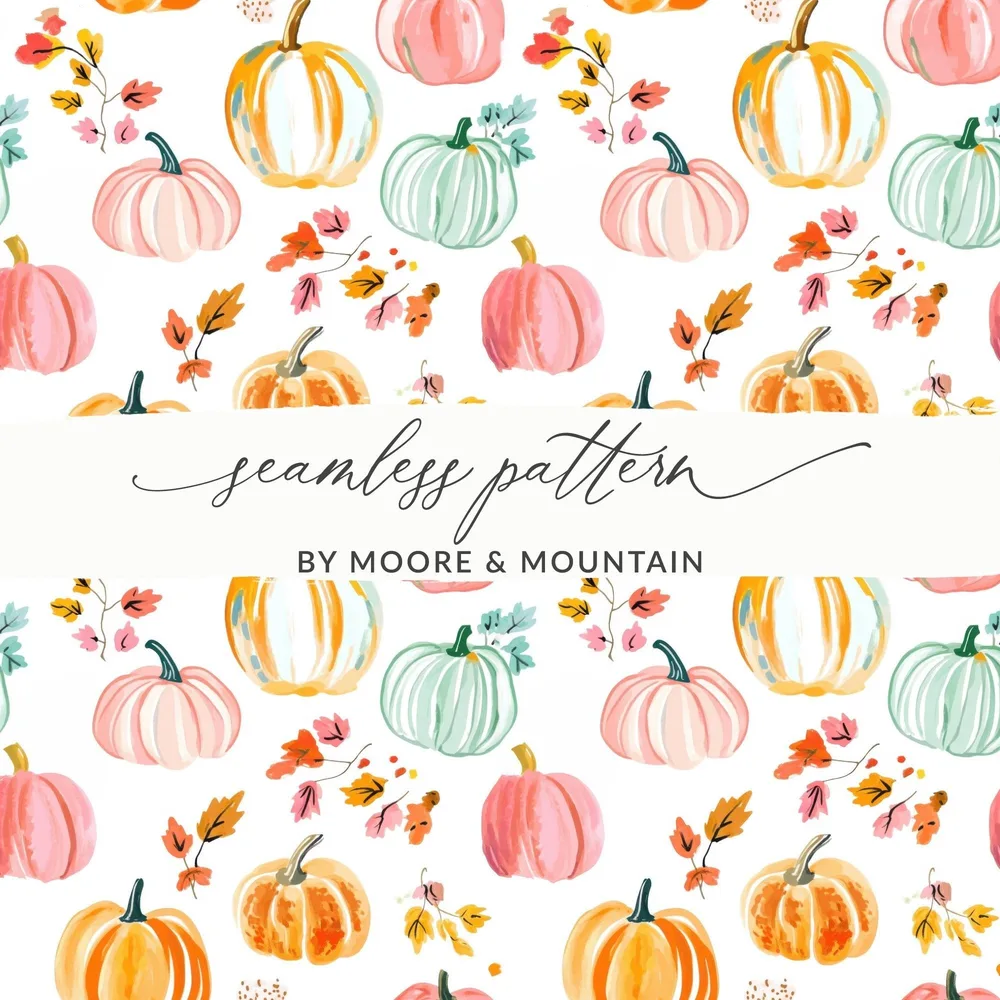 Watercolor Pumpkin Digital Paper, Fall Autumn Seamless Pattern, Pink Green Orange Pumpkins Background, Thanksgiving Fabric Design - Moore and Mountain