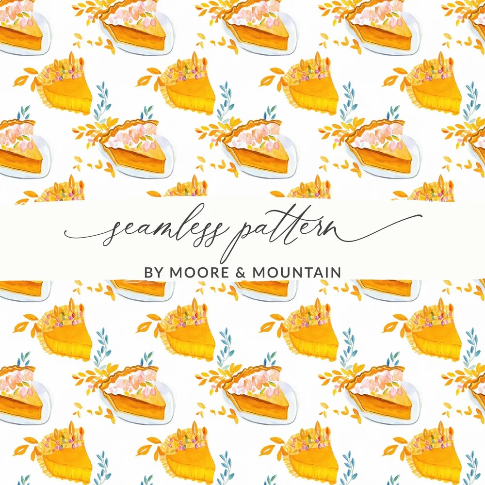 Watercolor Pumpkin Pie Digital Paper, Fall Seamless Pattern, Autumn Dessert Background, Thanksgiving Food Clipart, Orange Baking Print - Moore and Mountain