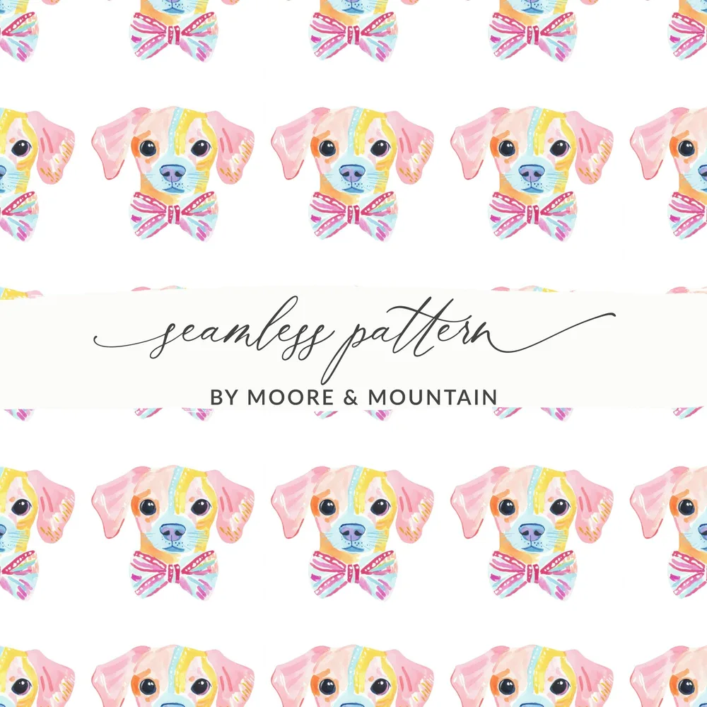 Watercolor Colorful Puppy Bow Tie Pattern product type
watercolor dog
puppy pattern
colorful design
repeating print
dog bow tie
pet illustration
pastel colors
cute animal
artistic print
canine art
vibrant design
unique pattern
dog lover gift
fabric design
digital paper
kids friendly
playful print
sweet puppy
whimsical art
Moore & Mountain