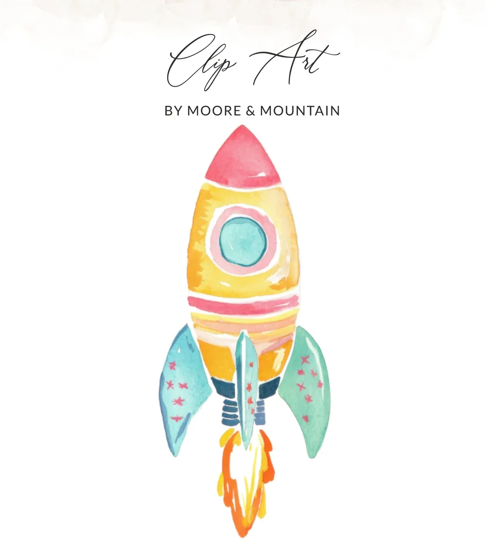 Watercolor rocket with flames and stars, "Clip Art" title.