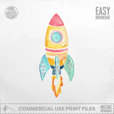 Watercolor rocket ship with blue fins and red stars, fire exhaust.