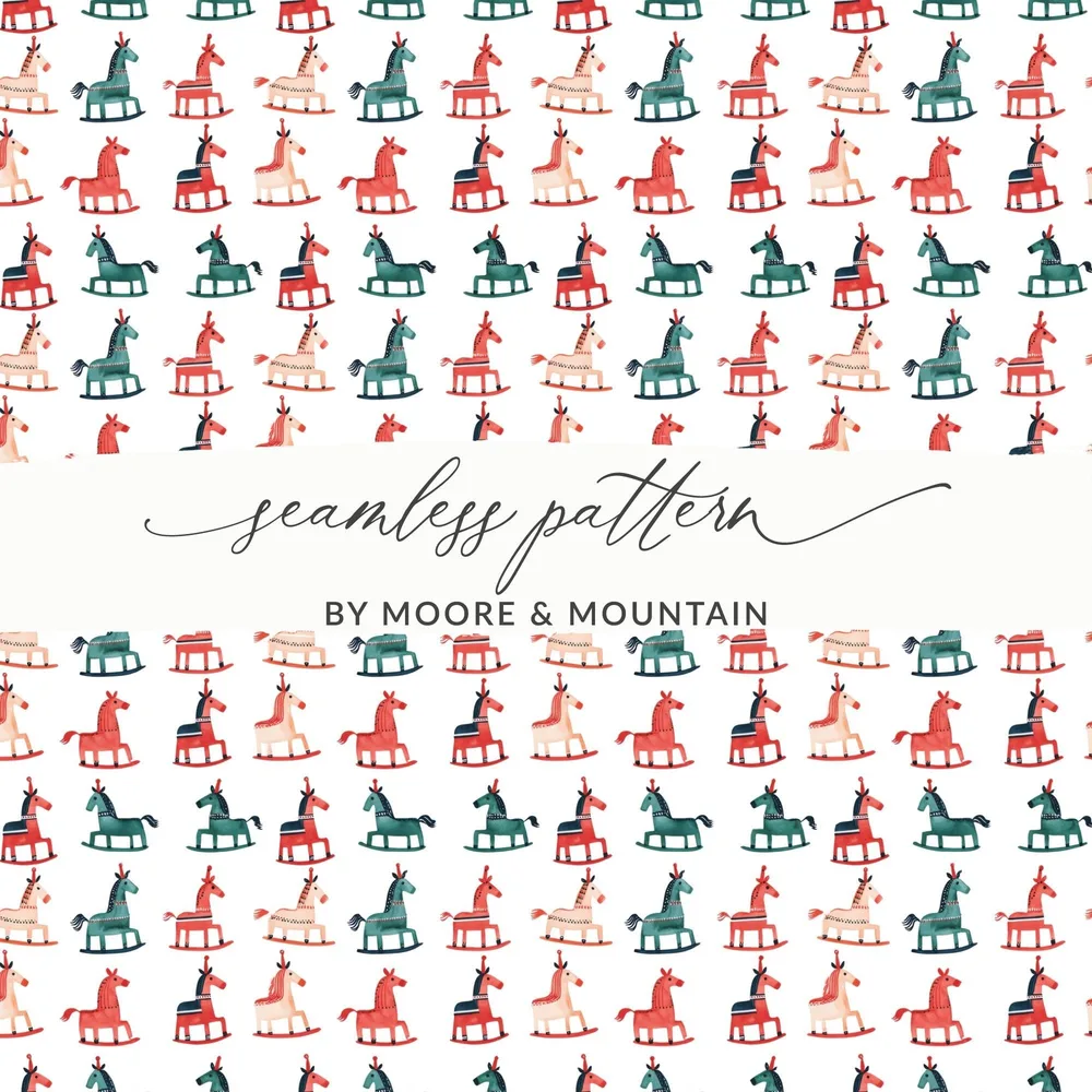 Watercolor Rocking Horses Pattern Repeating for Christmas Digital - Moore and Mountain