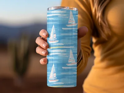 Hand Holding Blue Watercolor Sailboat Travel Mug Product