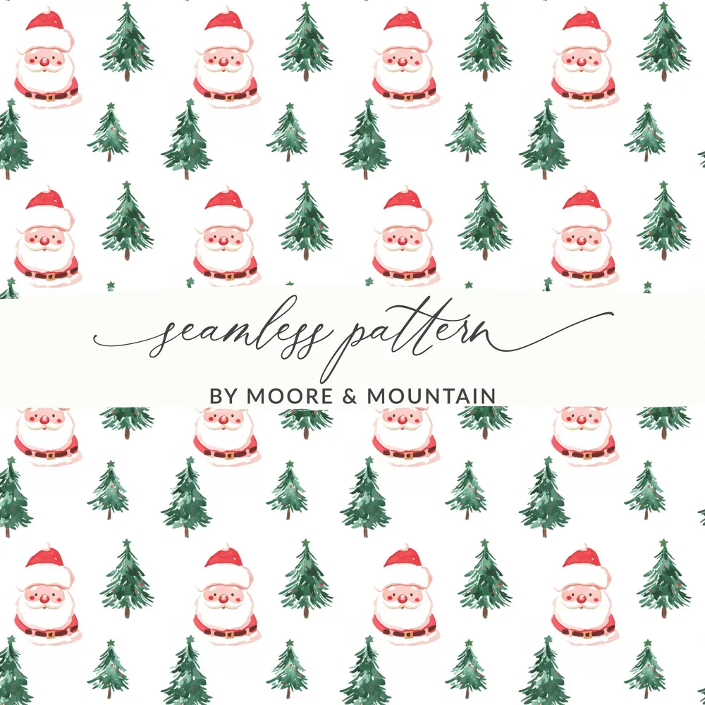Watercolor Santa Trees Pattern Christmas Festive Print Digital - Moore and Mountain