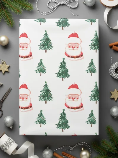 Watercolor Santa Trees Pattern Christmas Festive Print Digital - Moore and Mountain