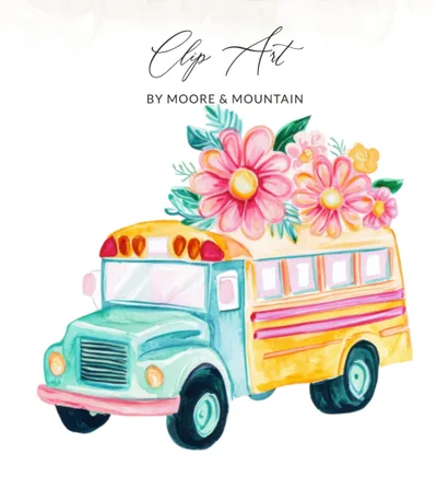 Watercolor School Bus Clipart, Floral Bus Design, Back to School Art PNG SVG, Boho Classroom Decor, Cute Transportation Illustration