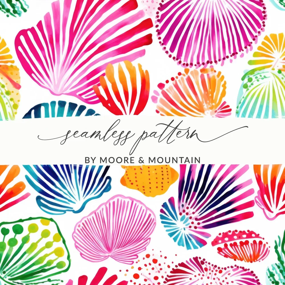 Watercolor Sea Shell Pattern Digital Paper, Pink Blue Orange Sea Life, Abstract Summer Print, Beachy Pattern, Seamless Digital Product - Moore and Mountain
