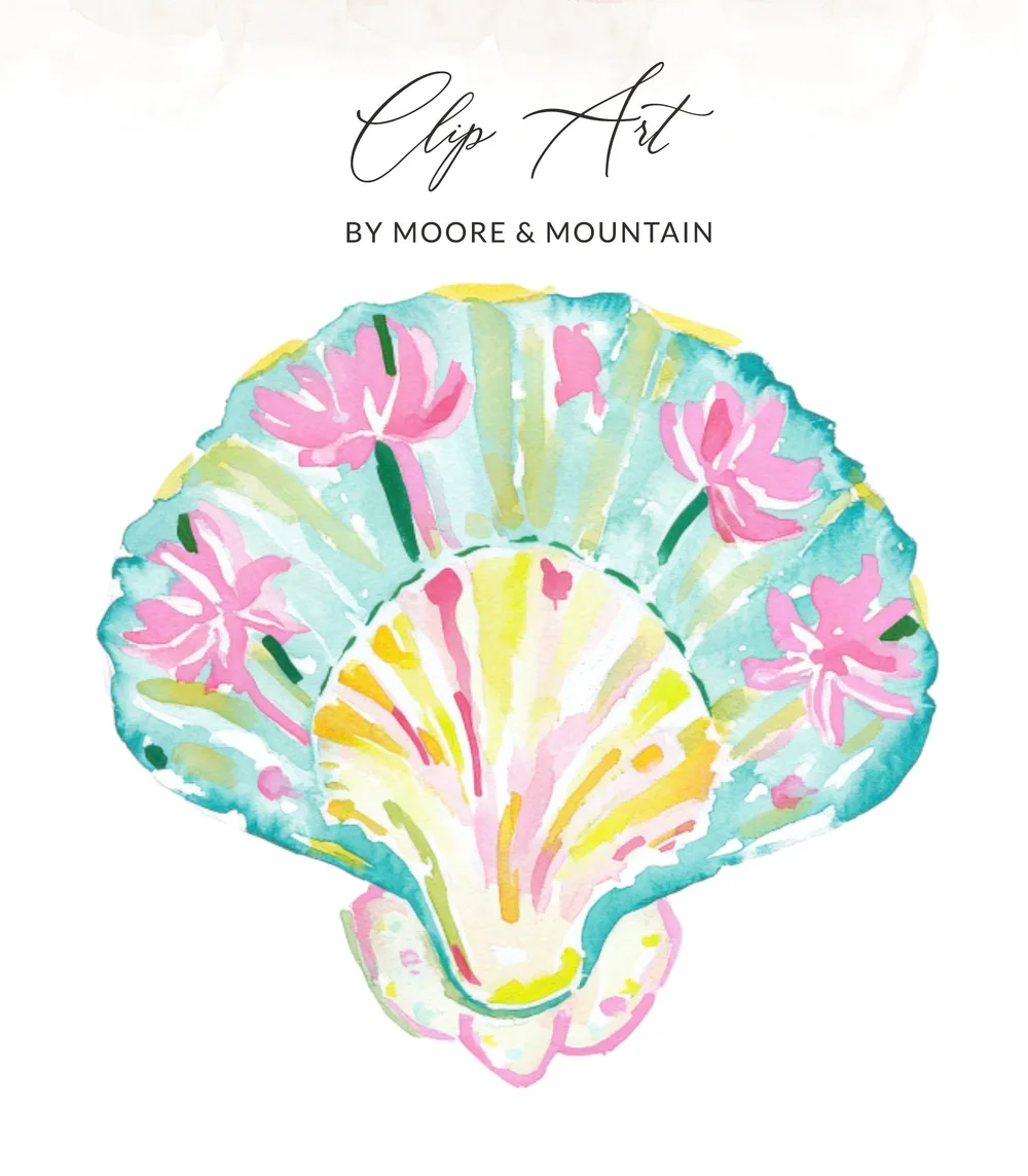 Watercolor seashell clip art with pink flowers and "Clip Art BY MOORE & MOUNTAIN" text.