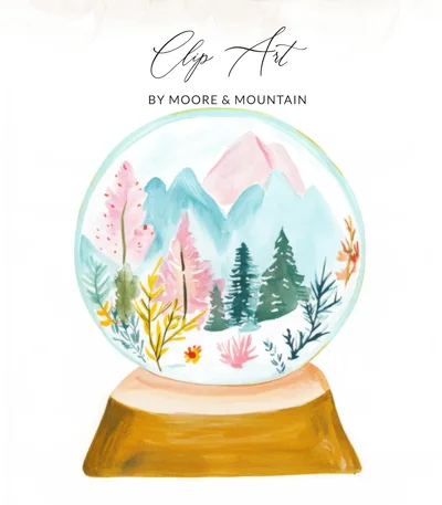 Watercolor Snowglobe PNG Digital Clipart, Pastel Winter Mountain Forest Sublimation Design, Cute Holiday Woodland Art Download