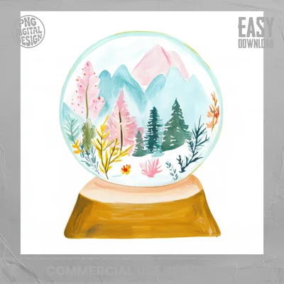 Watercolor Snowglobe PNG Digital Clipart, Pastel Winter Mountain Forest Sublimation Design, Cute Holiday Woodland Art Download