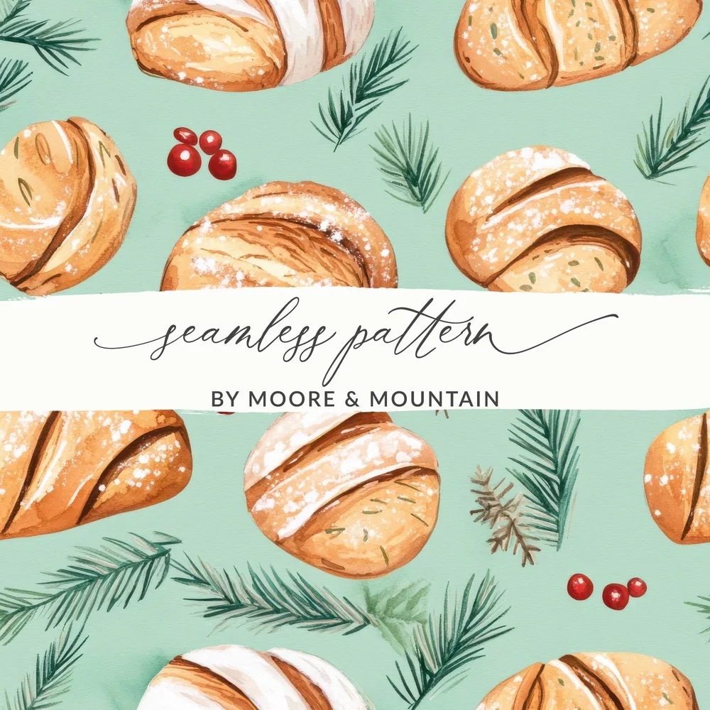 Watercolor Sourdough Christmas Baked Goods Pine Needles Pattern Background - Moore and Mountain