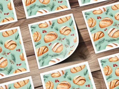 Watercolor Sourdough Christmas Baked Goods Pine Needles Pattern Background - Moore and Mountain