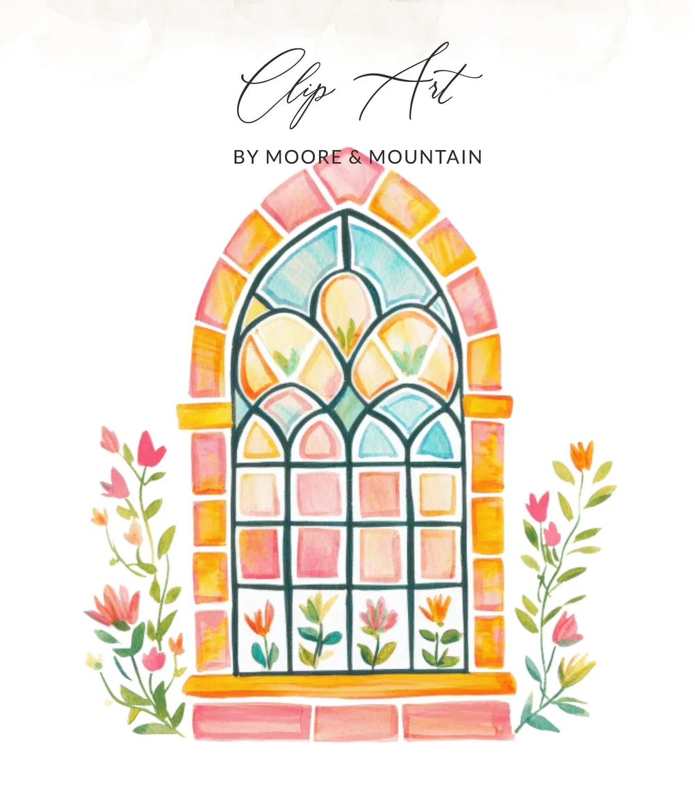 Stained glass window with floral accents and "Clip Art" text.