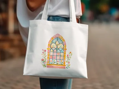 White canvas tote bag with watercolor illustration of a stained-glass window and flowers.