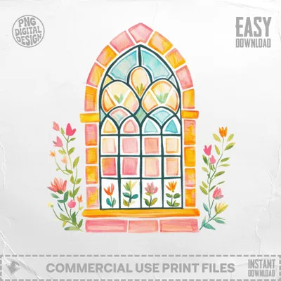 Watercolor stained glass window with floral accents and "Easy Download" text.