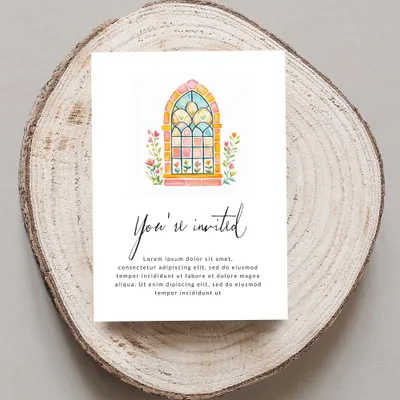 Invitation with arched stained-glass window illustration and placeholder text.
