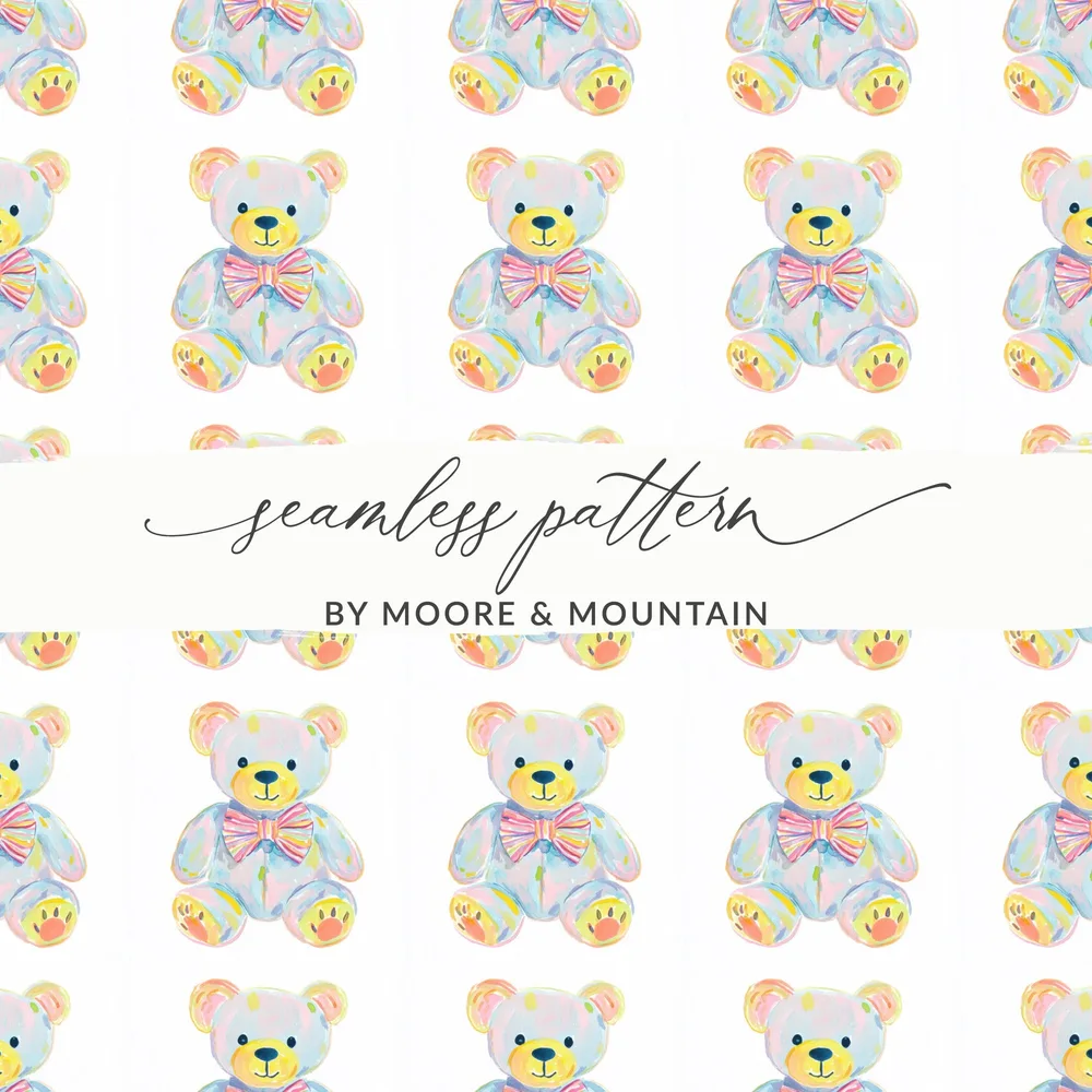 Seamless Pattern Watercolor Teddy Bears Pastel BY MOORE & MOUNTAIN product type
watercolor, teddy bear, seamless pattern, pastel colors, nursery design, baby theme, kids decor, cute animal, gentle print, rainbow bow, playful art, fabric design, digital background, DIY projects, gift wrapping, children's room, baby shower, graphic art, Moore Mountain, whimsical design