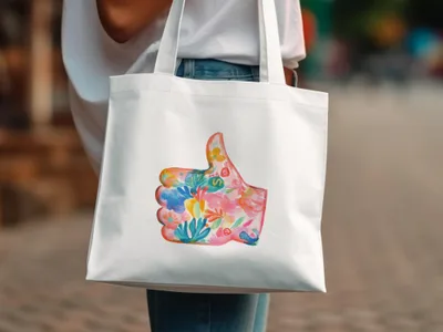 White tote bag with colorful floral thumbs-up design.