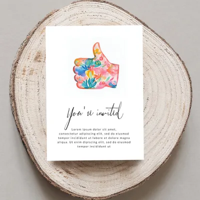 Watercolor floral thumb-up on "You're invited" card with placeholder text.