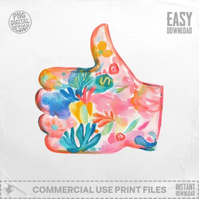 Watercolor thumbs-up icon with floral and abstract colorful design.