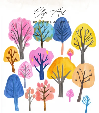 Watercolor Tree Clipart PNG Digital Download, Whimsical Pastel Woodland Trees Clipart Set, Cute Boho Forest Graphics for Nursery Decor &