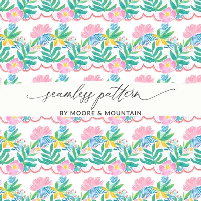 Watercolor Tropical Floral Seamless Pattern Digital Paper, Pink Blooms, Green Leaves, Scalloped Border, Instant Download, Bright