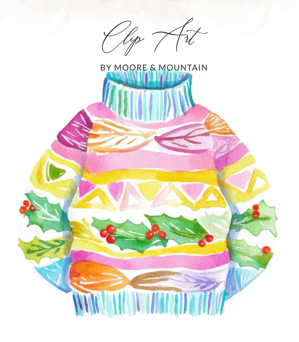 Colorful watercolor Christmas sweater with holly berry accents.