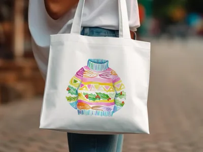 White tote bag with colorful festive sweater illustration and holly berries.