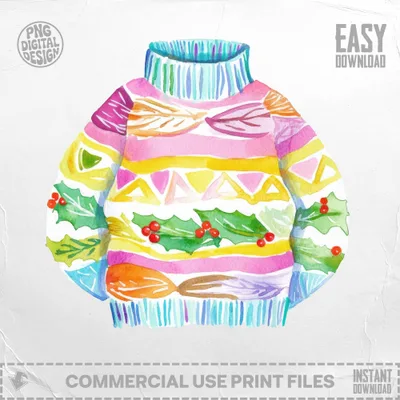 Watercolor Christmas sweater with holly, colorful stripes, and "EASY DOWNLOAD" text.