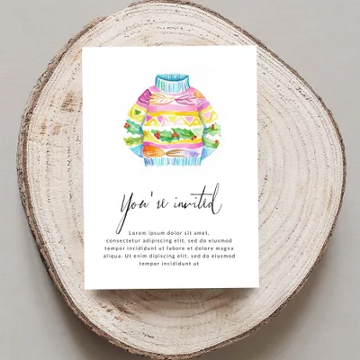 Invitation with colorful knitted sweater graphic and "You're invited" text.