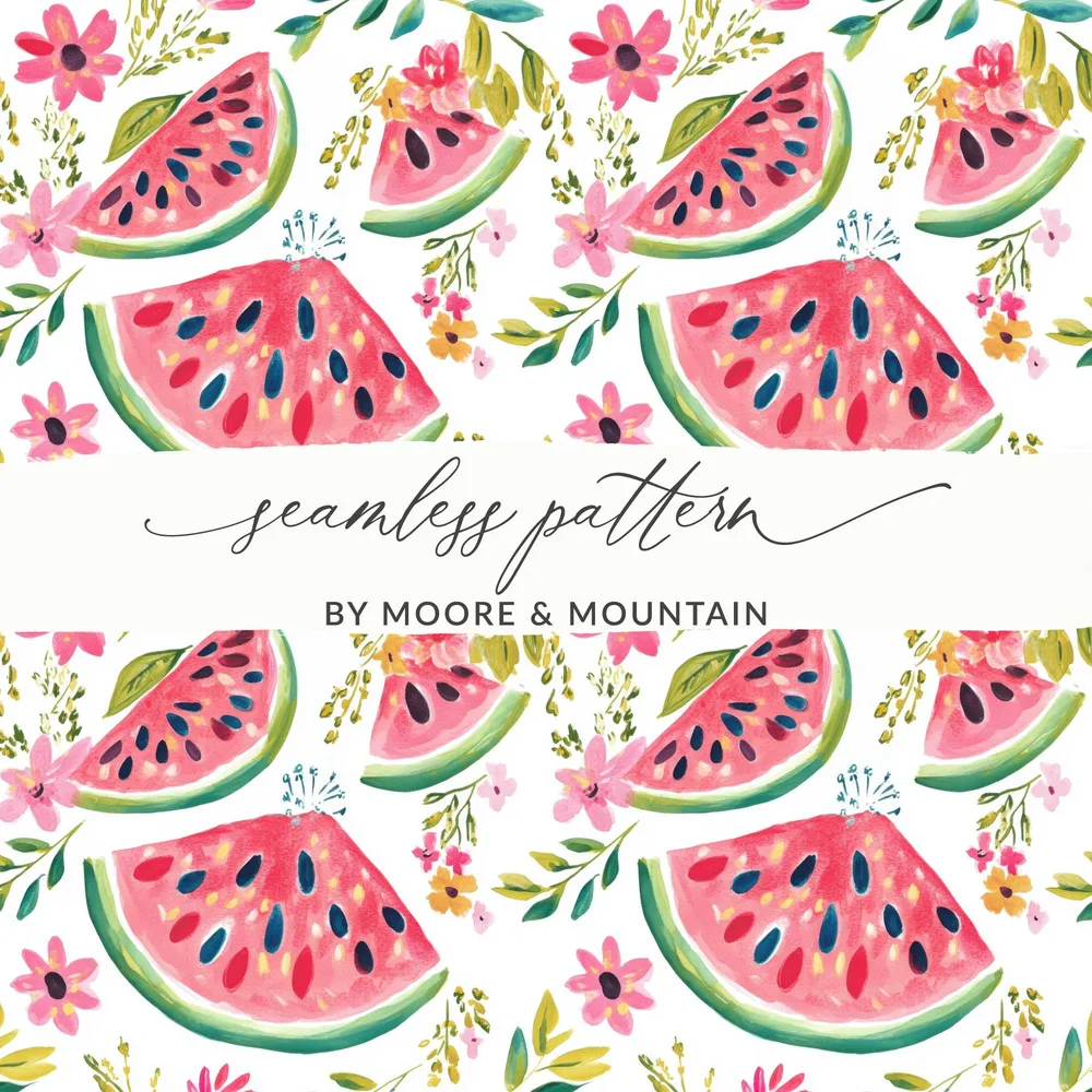 Seamless pattern of sliced watermelons and pink flowers.