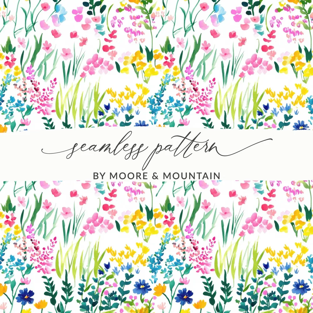 Seamless watercolor pattern of pink, yellow, and blue wildflowers with "seamless pattern" text.