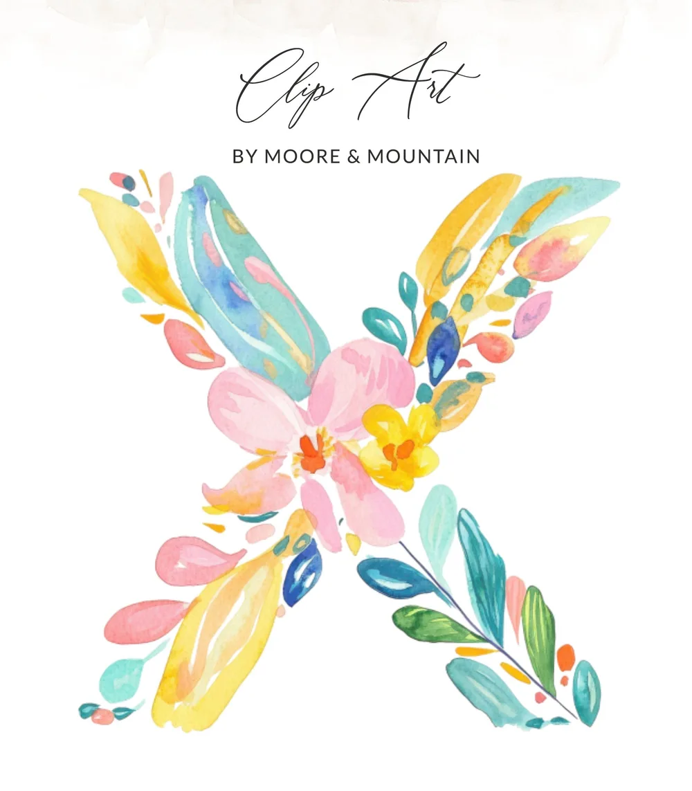 Watercolor floral letter X with "Clip Art" and "BY MOORE & MOUNTAIN" text.