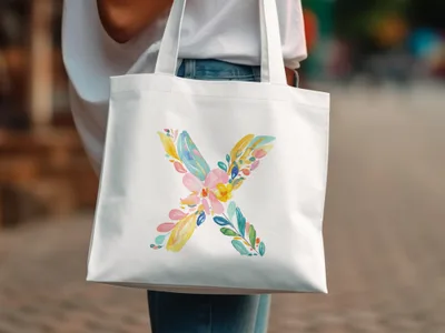 White tote bag with a colorful floral letter X design.