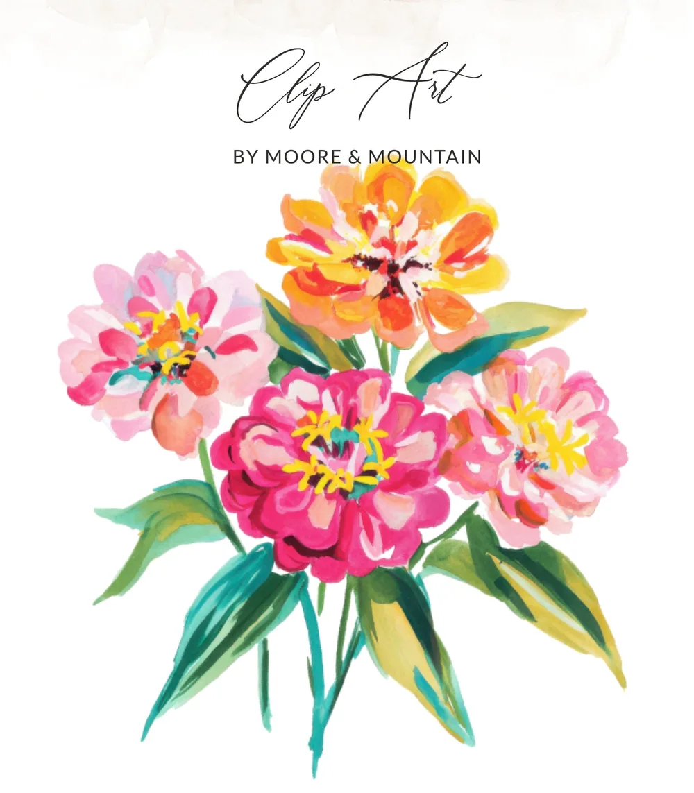 Watercolor clip art of five pink, yellow, and orange flowers with green leaves.