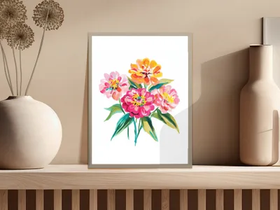 Watercolor painting of pink and yellow flowers in a vase on a shelf.
