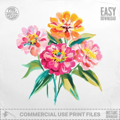 Watercolor illustration of pink and orange zinnias with green leaves, "PNG DIGITAL DESIGN" and "EASY DOWNLOAD" text.