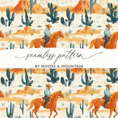 Western Digital Paper, Cowboy Horse Digital Seamless Pattern, Cactus Desert JPEG for Crafts, Scrapbooking, Fabric, Wallpaper, Tile
