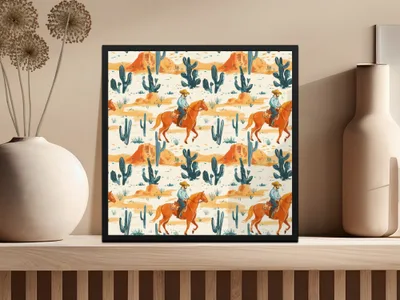 Western Digital Paper, Cowboy Horse Digital Seamless Pattern, Cactus Desert JPEG for Crafts, Scrapbooking, Fabric, Wallpaper, Tile - Moore and Mountain