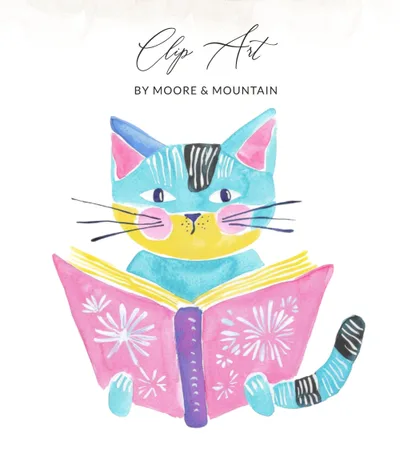Whimsical Cat Reading Digital Art Print for Book Lovers & Nursery Decor | Cute Colorful Animal Artwork for Teacher Librarian Gift