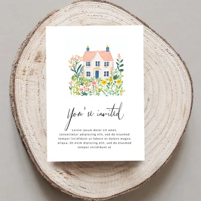 Invitation with pink house illustration and "You're invited" text.