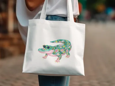 White tote bag with a colorful floral alligator design.