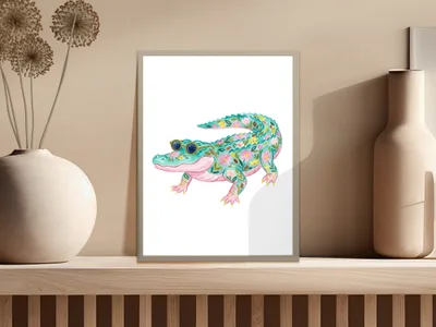 Colorful alligator artwork with sunglasses and floral patterns in a framed print.