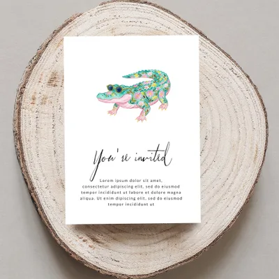 Alligator illustration on a "You're invited" card with placeholder text.