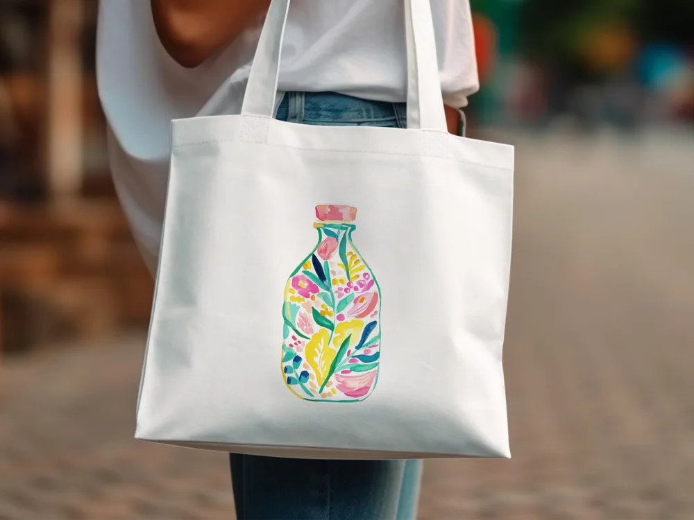 White tote bag with a colorful floral bottle design.