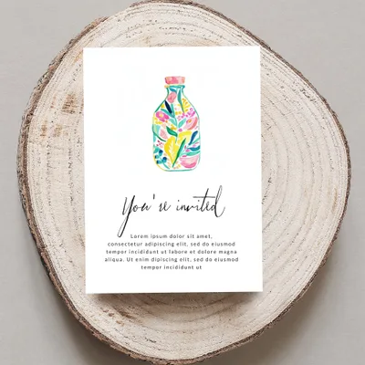 Invitation with floral bottle graphic and "You're invited" text.